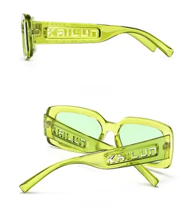 Detailed side and back view of lime green square sunglasses with镂空 logo temple