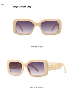 Detail view of beige square sunglasses featuring purple gradient lenses and KAILUN cut-out