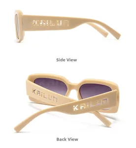 Detail view of cream beige square sunglasses with unique hollow letter temples