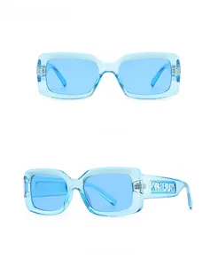 Detail view of transparent blue square sunglasses frame and embossed temple logo