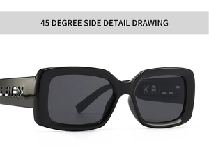 Detail of black rectangular sunglasses featuring metal letter cutout on wide temples