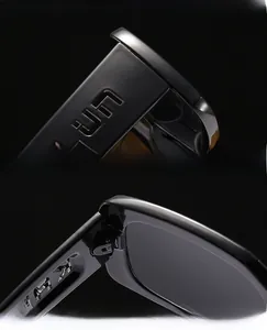 Detail view of the black square sunglasses showing reinforced metal hinges and thick lenses