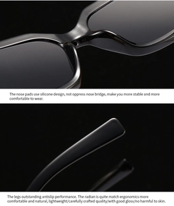 Detail of ergonomic anti-slip temples and soft silicone nose pads on black square sunglasses