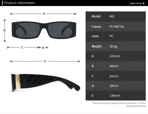 Detailed size chart for square frame sunglasses with precise lens and temple measurements