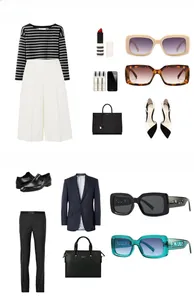 Flat lay of square frame sunglasses with fashion outfits for men and women on white background