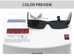 Close-up of square black sunglasses undergoing professional UV400 protection testing