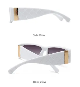 Detail view of white sunglasses with quilted pattern temples and gold metal accents