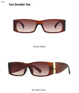 Close-up of square sunglasses with tan gradient lenses and textured diamond pattern temples