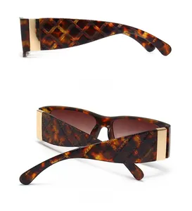 Detailed side and back views of tortoise square sunglasses with quilted gold temples