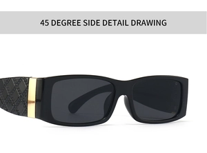 Detailed 45-degree side view of black square sunglasses with golden quilted temples