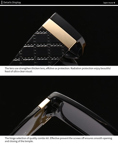 Detail of square sunglasses with quilted temple design and gold metal hinge accents