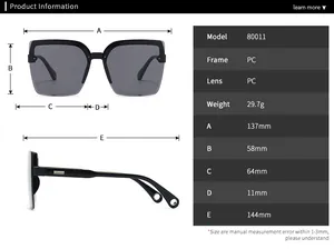 Detailed size chart and technical specifications for square PC frame sunglasses