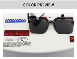 UV400 testing of square black sunglasses showing ultraviolet protection performance