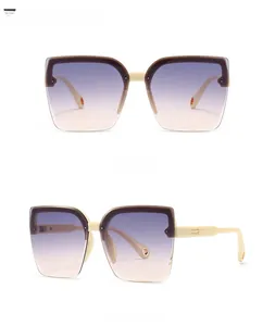 Front and side view of beige square sunglasses with pink gradient lenses and cut-out details