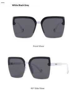 Front and 45-degree side view of square sunglasses with metal decor and white temples