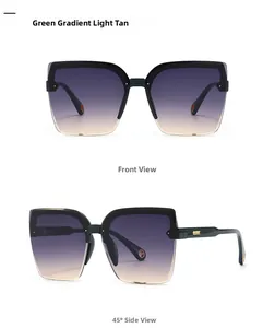 Detail of square cat eye sunglasses with green gradient tan lenses and gold metal accents