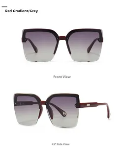 Front and 45-degree angle views of modern square sunglasses in red grey gradient