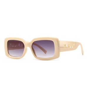 Fashionable beige rectangle sunglasses with purple gradient lenses and hollowed-out temples