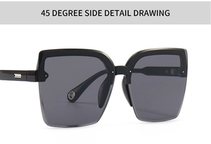 Macro side detail of square oversized sunglasses with silver metal hinge accents