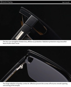 Detail view of reinforced UV protection lenses and precision metal hinges on black sunglasses