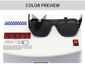 Test de protection UV400 détaillé montrant des lunettes de soleil noires sur un testeur UV
