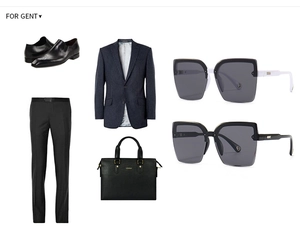 Flat lay of square sunglasses, business suit, leather briefcase and brogue shoes