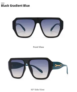 Vue de face et de profil de lunettes de soleil noires avec verres dégradés bleus et détails dorés