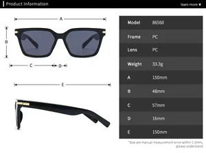 Tableau des tailles détaillé pour lunettes de soleil papillon avec mesures et spécifications