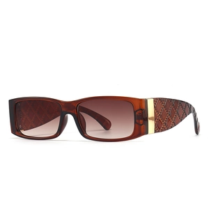 Fashion Rectangle Sunglasses For Women Retro Square PC Frame With Quilted Temples And Gold Metal Detail UV400 Protection