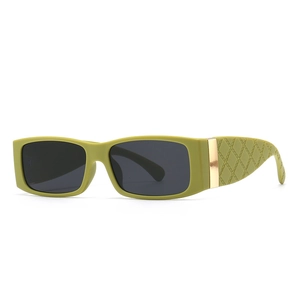 Modern grass green rectangular sunglasses with dark grey UV lenses and gold metal details