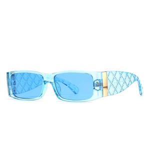 Modern square sunglasses with light blue transparent frames and quilted textured temples