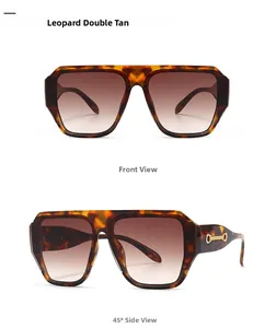 Détails de lunettes léopard avec verres dégradés thé et finitions métalliques dorées