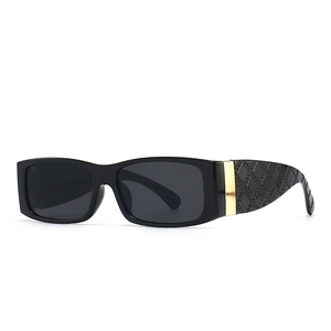 Chic square black sunglasses with gold metal hinges and quilted texture temples