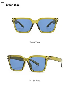 Vues détaillées de face et de côté de lunettes papillon en résine vert olive avec verres bleus
