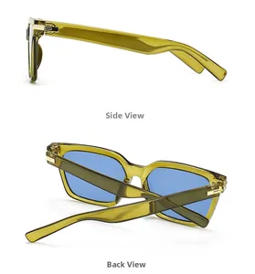 Vues latérale et arrière de lunettes de soleil papillon ambre avec verres bleus et métal