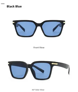 Détail de lunettes de soleil papillon noires tendance avec verres bleus et charnières dorées
