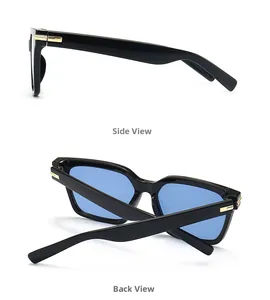 Détails de lunettes de soleil papillon noires avec verres bleus et accents en métal doré