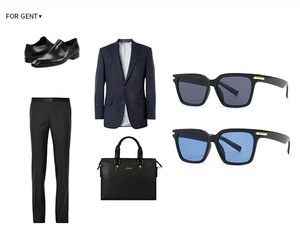 Vue à plat d'articles de mode homme incluant chaussures brogues, blazer, sac et lunettes