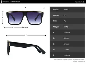 Detailed size chart and specifications for oversized square frame fashion sunglasses
