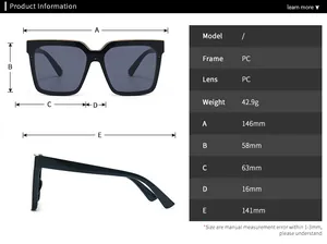 Detailed size chart for cat eye sunglasses showing dimensions and PC material specs