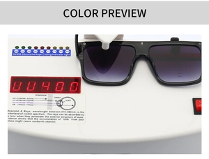 Flat top large frame sunglasses with purple gradient lenses showing UV400 protection test