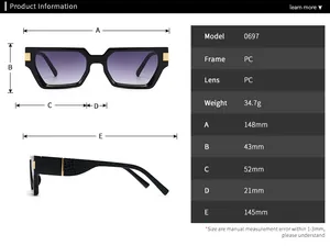 Detailed size chart for square frame sunglasses with frame width and lens dimensions