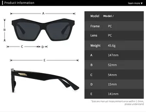 Detailed size chart for cat-eye sunglasses showing frame measurements and weight specifications