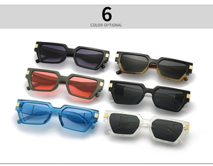 Showcase of six stylish square sunglasses in various colors with metallic hinge details