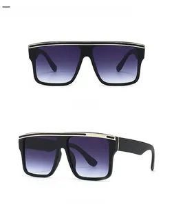 Flat top square sunglasses in black and silver featuring purple to grey gradient lenses