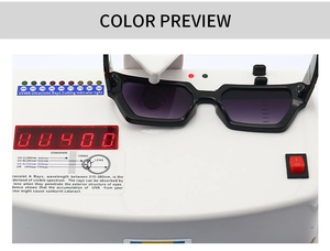 Detail view of UV400 square sunglasses lenses being tested for ultraviolet protection