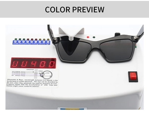 Close-up of black square sunglasses undergoing UV400 protection performance testing