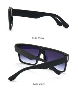 Side and back view of oversized black sunglasses with purple-blue gradient lenses