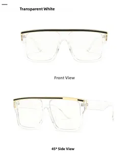 Flat top oversized sunglasses with transparent white frames and gold metal detail on top