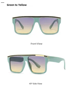 Flat top square sunglasses with mint green frame and yellow gradient lenses detail